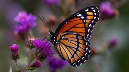 A delicate butterfly with orange and black wings feeding on a vibrant purple flower in the wild.
