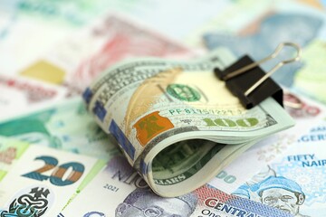 Nigerian naira currency money bills and bunch of us dollar banknotes. The concept of economics and currency exchange