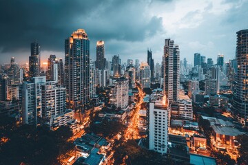 Obraz premium Cityscape panorama at twilight. Skyscrapers, street lights, and clouds