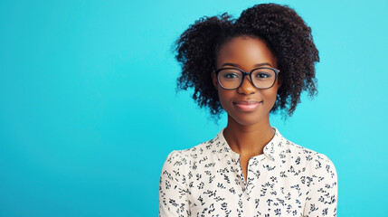 A young woman with curly hair wearing glasses, standing against a blue background. The woman appears to be smiling and looking directly at the camera.