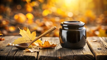 Jar of honey with maple leaves and spoon on a rustic wooden table