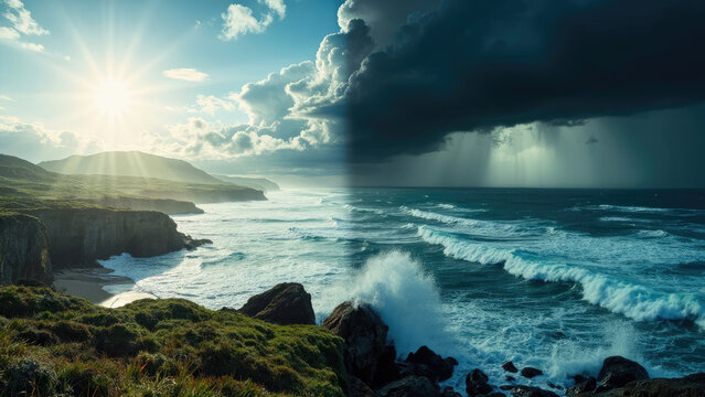 Dramatic coastal landscape with sunlit sky and dark storm clouds over ocean waves crashing against rocky shore - Powered by Adobe