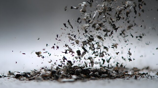 Abstract Dust Explosion on Gray Background: Dynamic Scattering Grains of Organic Material Create Dramatic Effects and Shadows in an Artistic Minimalist Texture 
