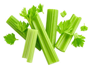  Whole Celery Stalks Falling Vertically with Motion Blur, Isolated on White Background