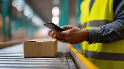 Obraz premium Logistics Technician Scrutinizing Parcel: A focused logistics technician inspects a parcel with utmost care, employing a smartphone for detailed tracking.