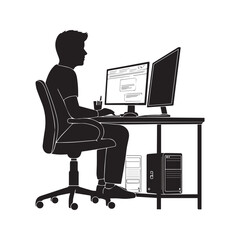 Silhouette of a man working at a computer with dual monitors, programmer or developer at office desk workstation vector