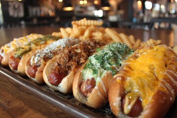 Delicious variety of gourmet hot dogs served with crispy fries in a cozy restaurant setting