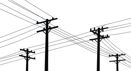 Silhouette of utility poles with cross-connected overhead electric cables, birds perched on wires, power line tangle, electricity grid, urban infrastructure illustration