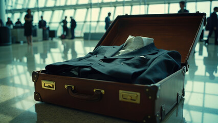 Open suitcase with a dark suit and white shirt inside on a reflective airport floor with blurred people in the background