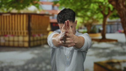 Young hispanic man gesturing with hands mimicking a gun in a sunny park setting surrounded by trees