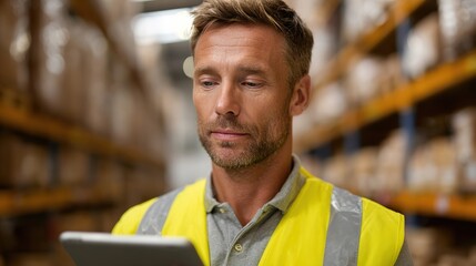 Warehouse Supervisor's Focused: A diligent warehouse supervisor, clad in high-visibility attire, meticulously reviews data on a tablet amidst towering shelves of inventory.