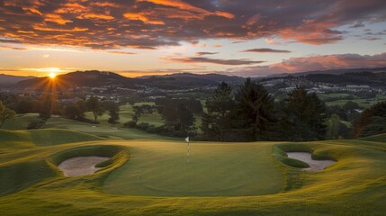 Panoramic sunset view of a golf course fairway with bunker and stunning sky from a drone perspective