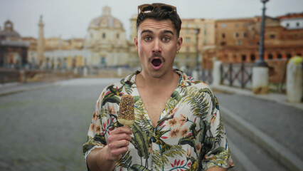 Young hispanic man in floral shirt holding ice cream, surprised in front of roman ruins on a sunny...