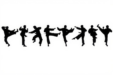 Fototapeta premium Group of karate fighters in action poses, kicking and striking, isolated on white background