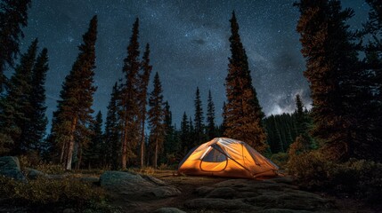 A glowing tent under a starry night sky, surrounded by tall pine trees.