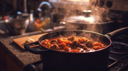 Fototapeta premium A home-cooked stew in a simmering pot, with steam rising as the rich aroma fills the cozy kitchen.