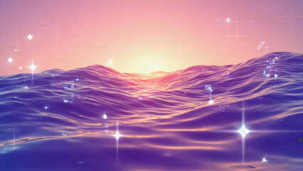 Abstract Waves with Pink Sunset and Sparkles, Serene Illustration