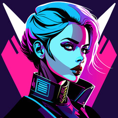 Vibrant neon portrait of a short-haired woman with an undercut and high-collared jacket against bold pink and purple geometric shapes, evoking futuristic cyberpunk vibes.