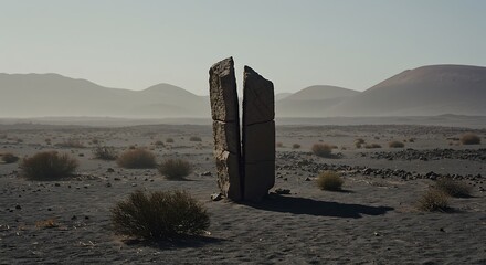 Two dark, fractured rock slabs stand upright, creating a split monolith in a desolate, rocky desert landscape, under a clear, hazy sky with distant mountains.

