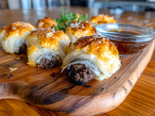 Golden Flaky Sausage Rolls on a Rustic Wooden Board