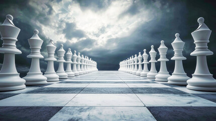 A chessboard with white chess pieces and a dark, cloudy sky in the background.