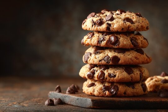 Deliciously baked chocolate chip cookies stacked on a wooden board in a warm kitchen setting near a rustic backdrop
