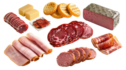Assorted meats and cheese on transparent background