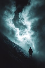 Solitary Figure Silhouetted Against a Dramatic Teal Stormy Sky