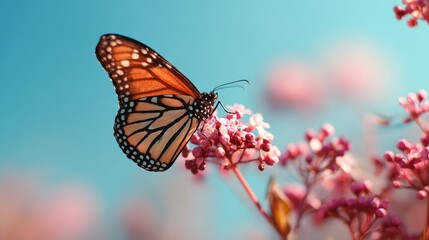 Obraz premium A monarch butterfly gracefully perched on a blooming pink flower, collecting nectar under a clear blue sky.