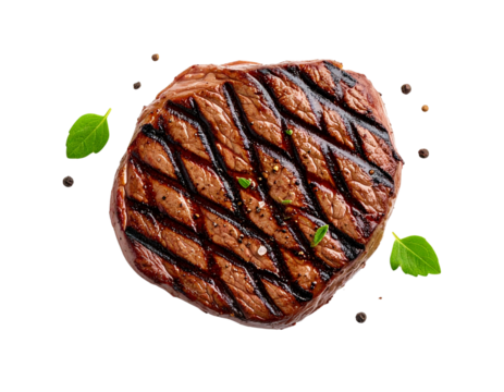  Whole Grilled Beef Filet Steak with Grill Marks, Top-Down View, Isolated on White Background