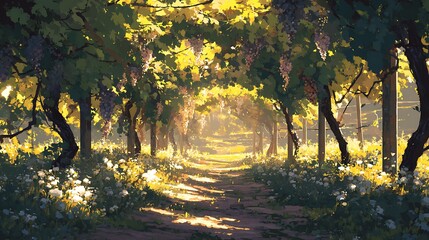 Sunlit Vineyard Pathway in Lush Green Forest During Golden Hour