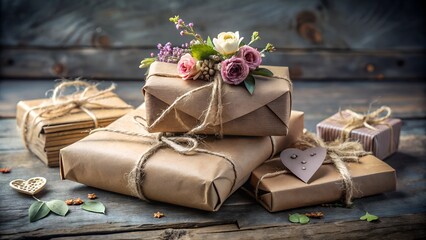 Rustic gifts wrapped in brown paper with flowers on a wooden table