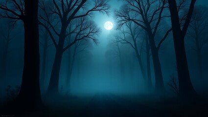 Spooky Haunted Forest at Night with Full Moon and Twisted Dark Trees
