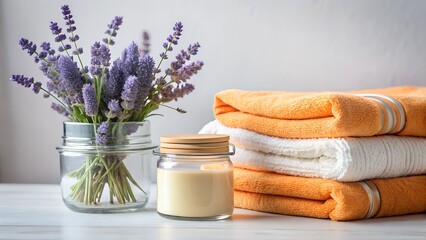 Lavender, candle and towels on a table for spa and relaxation