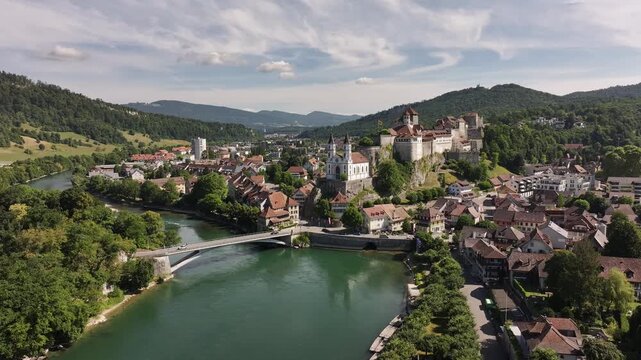 Aarburg aerial view with Aare River, sunny day, Solothurn, Switzerland