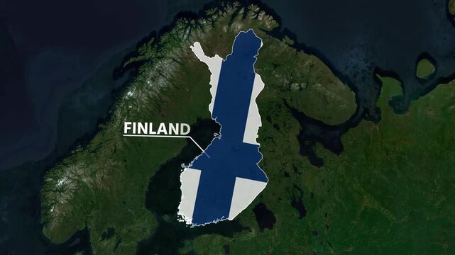 Zoom from Earth to Finland. (Country Flag) World map animation with highlighted country borders. Satellite 3d world map animation highlights aerial views, tourism, and travel. 4k