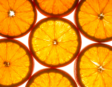  Stacked Translucent Orange Slices Layered Vertically with Light Shining Through, White Isolated PNG