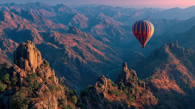 Hot air balloon soaring over majestic mountain range at sunrise