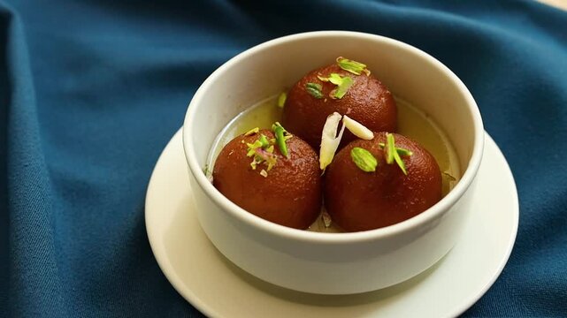 Gulab jamun or kala jaam an indian fried dessert dipped in sugar syrup