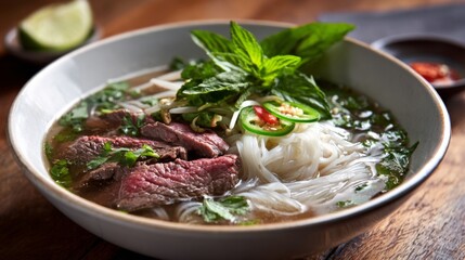 A steaming hot bowl of pho with thinly sliced beef, fresh herbs, and rice noodles in a flavorful broth.