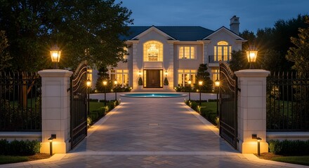 Elegant House at Night Illuminated with Warm Lights and Wrought Iron Gate