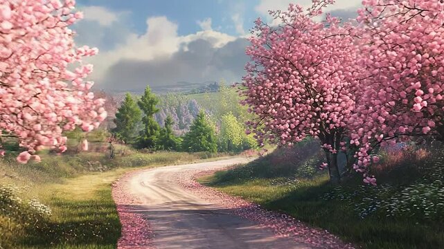 Winding country road bordered by blooming cherry trees in spring