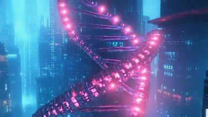 Glowing dna double helix rising above futuristic city at night - Powered by Adobe