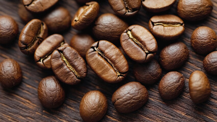 Fototapeta premium Roasted Coffee Beans on Brown Wood, Macro Food Photography. Coffee for cafe restaurant preparing cooking kitchen
