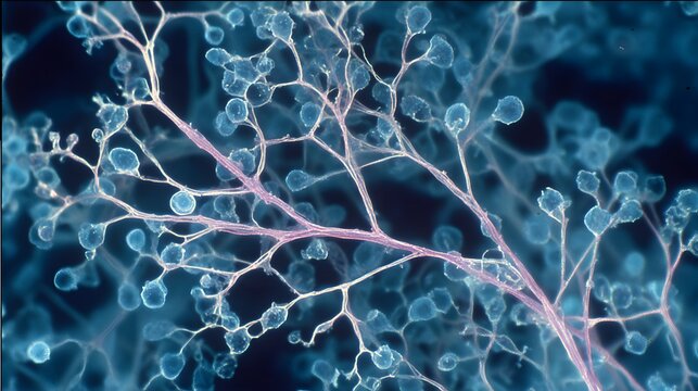 Microbiology Cell Structure and Biology: Microscopic View of Microorganisms in Blue Background Featuring Mycelium, Fungi, Algae - Eukaryotic & Plant Cells Division Research 