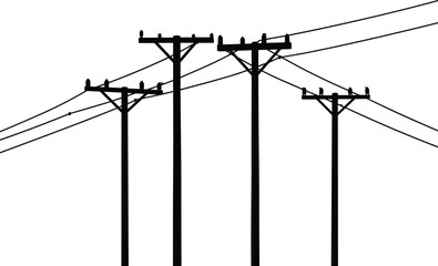 Silhouette of four utility poles with electric wires, power line vector illustration, black and white electricity grid, infrastructure energy transmission background art