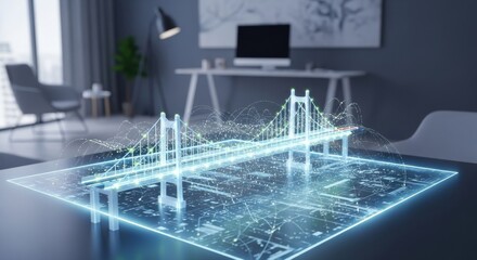 Holographic bridge model with data display. Future architecture and smart city planning. Engineering, urban technology, development project.