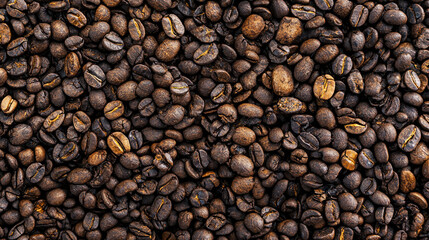 A close-up of coffee beans with a dark brown hue.