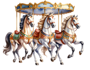 Three Vintage Carousel Horses in Motion, Angled Perspective Illustration, Transparent PNG