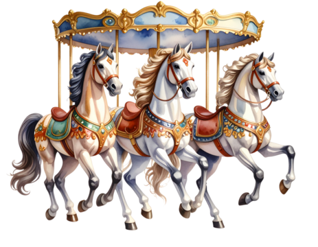 Three Vintage Carousel Horses in Motion, Angled Perspective Illustration, Transparent PNG